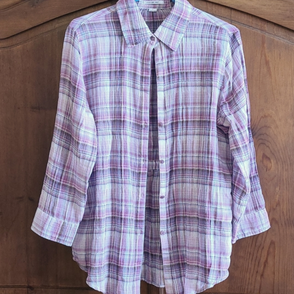 GAUZE LIKE BLOUSE,  L made in India,  EUC  Plaid Perfection